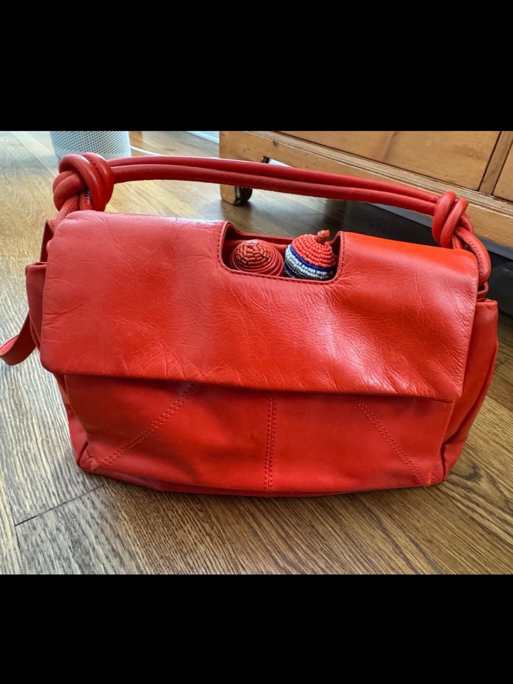 Maliparmi Bright Red Leather Shoulder Bag with Knotted Handle